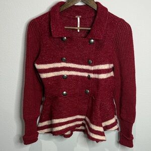 Free People Red/Cream Striped Wool Cardigan Sweater Size M
